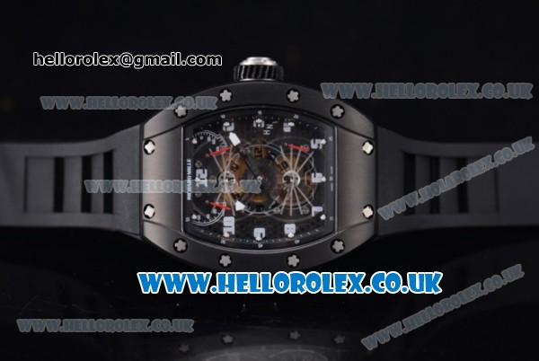 Richard Mille RM 022 Carbone Tourbillon Aerodyne Double Time Zone Japanese Miyota 6T51 Manual Winding PVD Case with Skeleton Dial and Black Rubber Strap - 1:1 Original - Click Image to Close